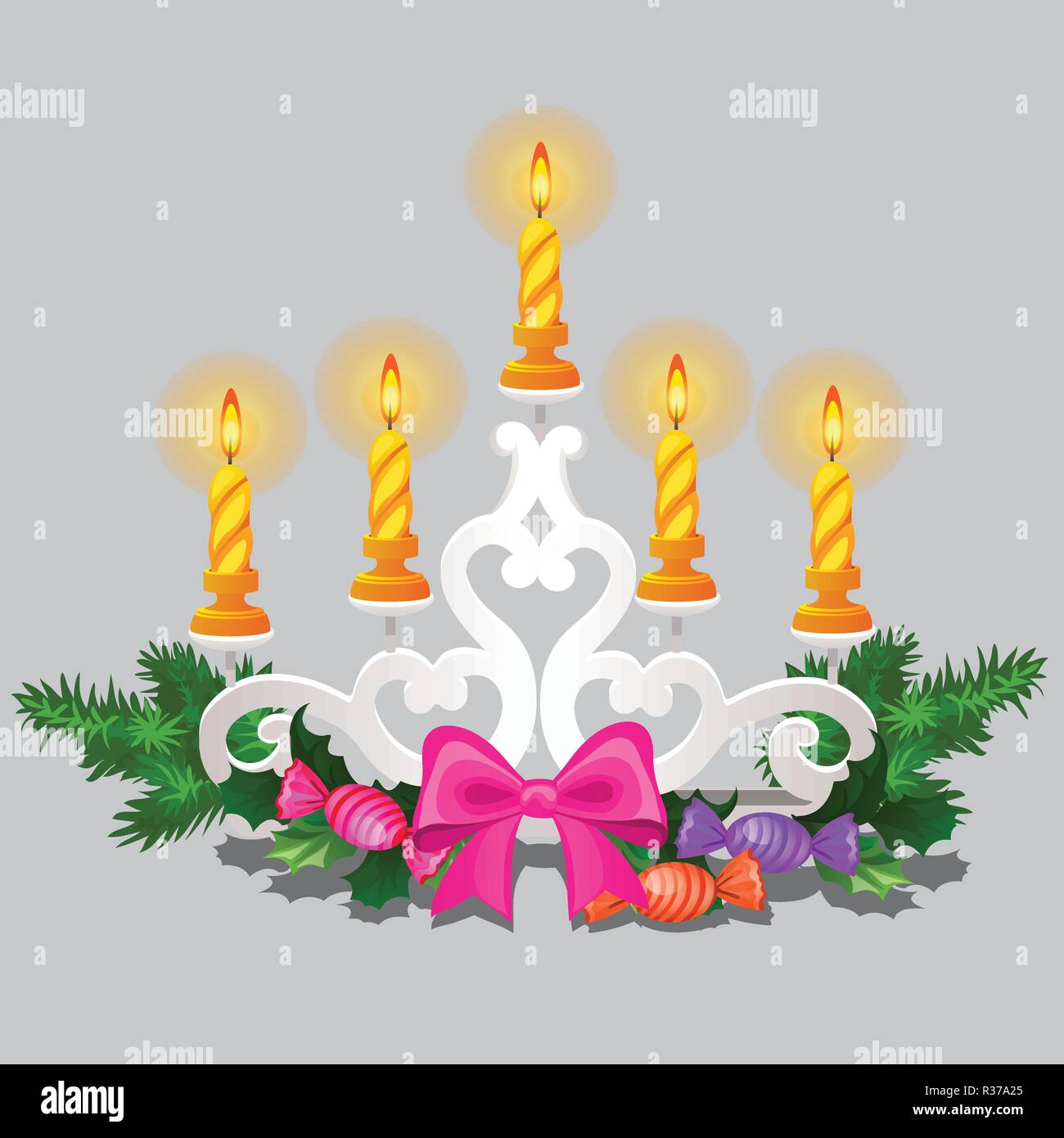 Christmas sketch with burning candles in candle holder with festive