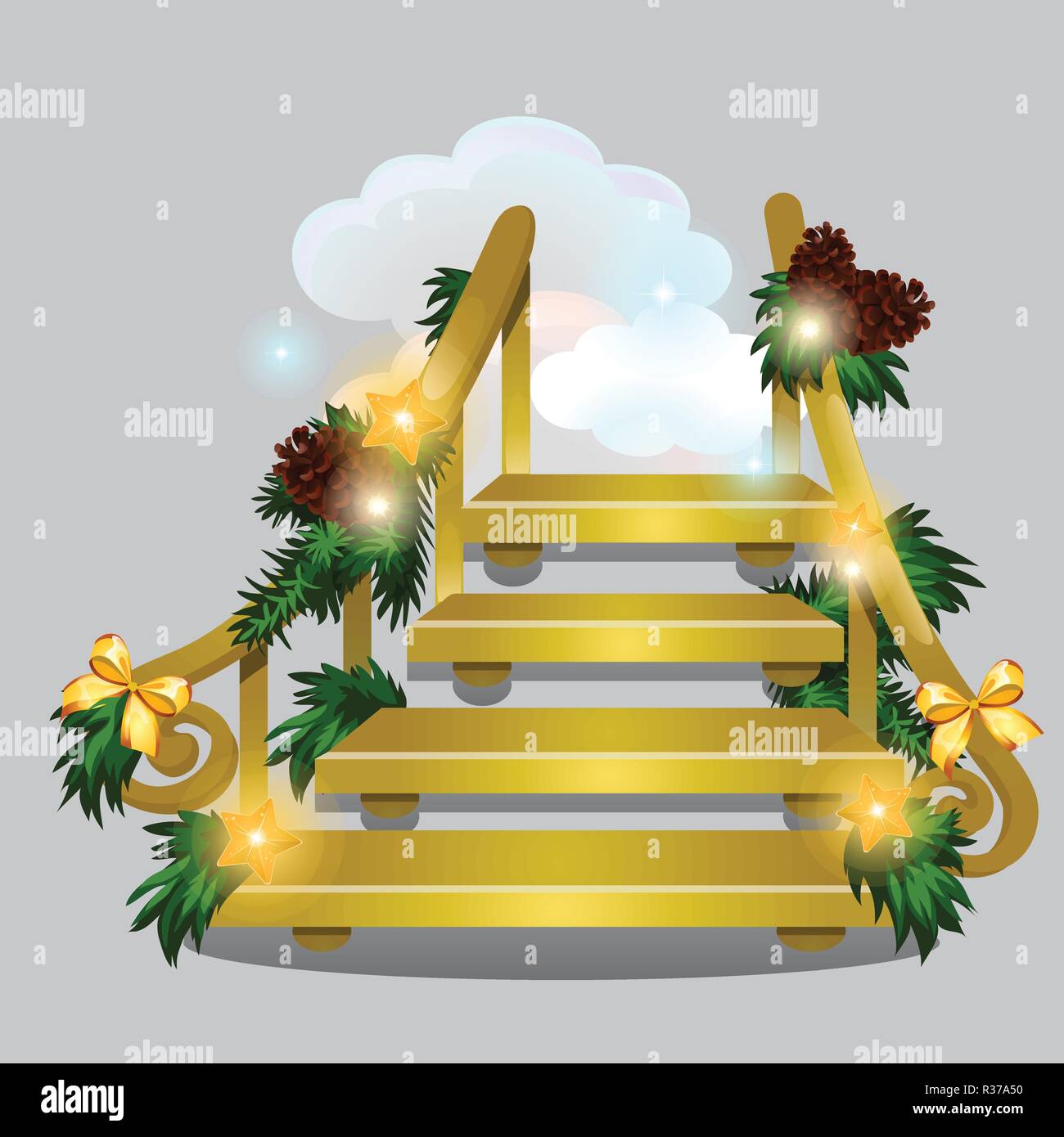 The golden stair leading into the snow clouds isolated on grey background. Sketch for greeting card, festive poster or party invitations. Vector cartoon close-up illustration. Stock Vector