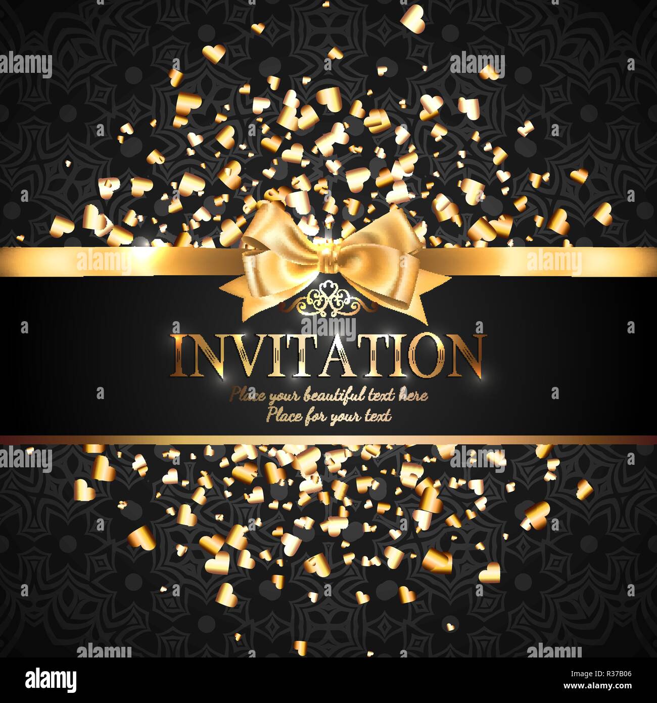 Gorgeous And Shiny Invitation Card Or Banner With Gold Ribbon Bow