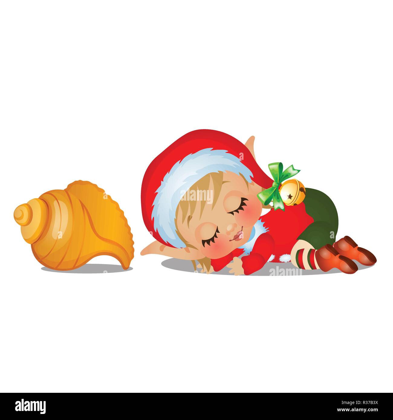 Santas helper sleeping with large seashell isolated on white background. The attributes of Christmas and New year. Vector cartoon close-up illustration. Stock Vector
