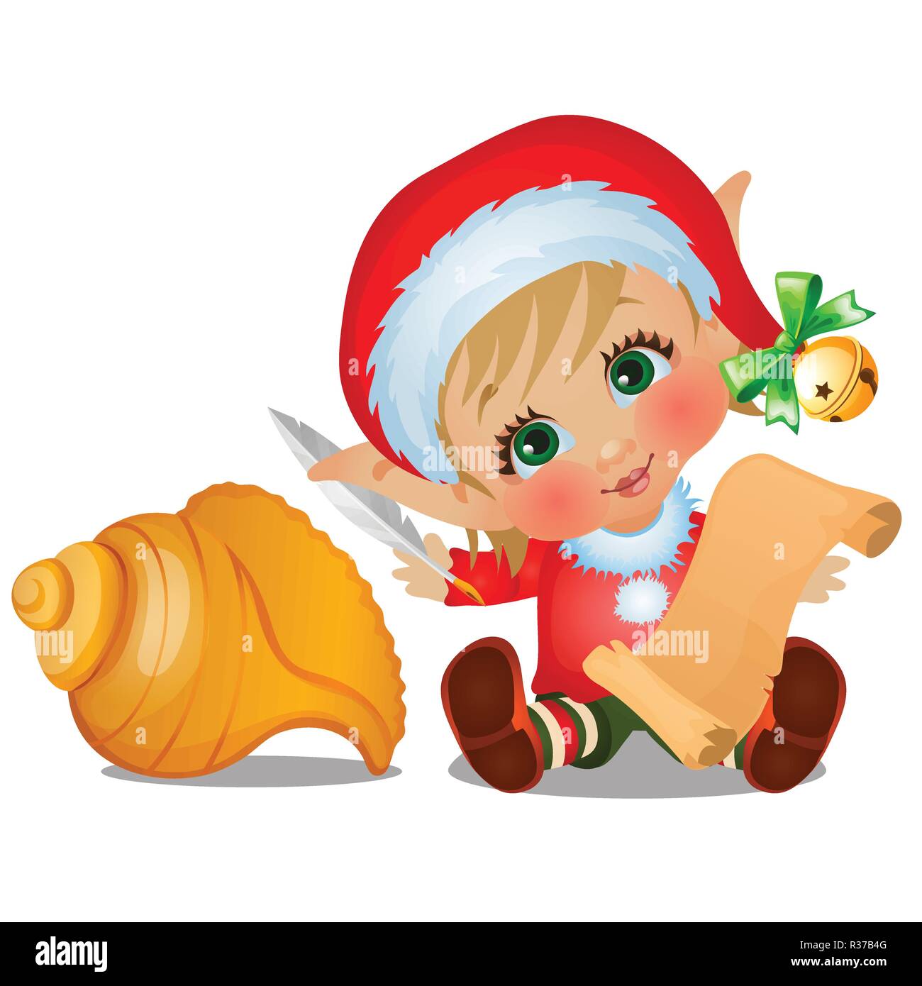 Set of Santas helper with seashell isolated on white background. Scroll of ancient parchment with space for your text. The attributes of Christmas and New year. Vector cartoon close-up illustration. Stock Vector
