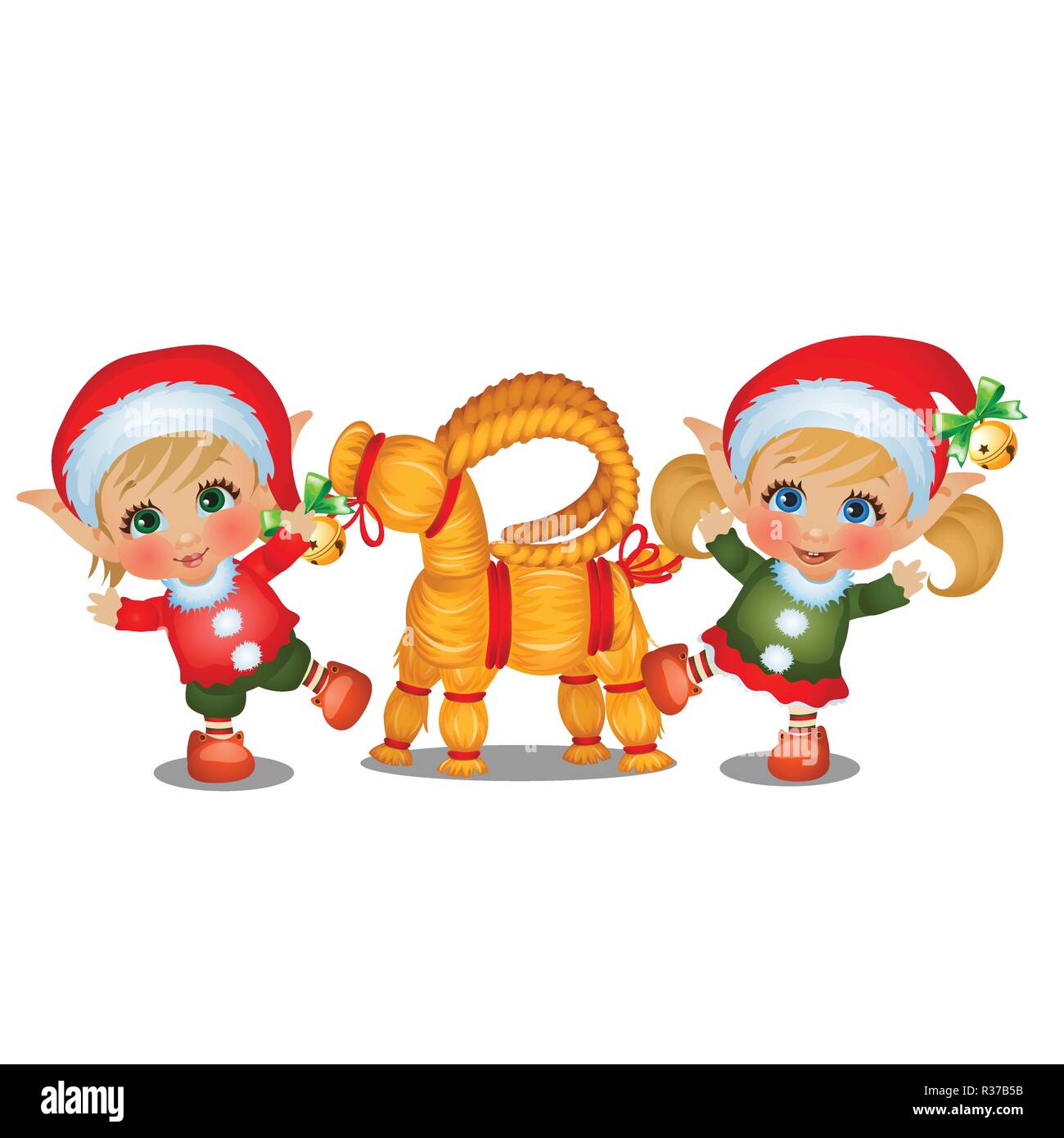 Set of girl and boy Santas helpers with straw sheep isolated on white background. The attributes of Christmas and New year. Vector cartoon close-up illustration. Stock Vector