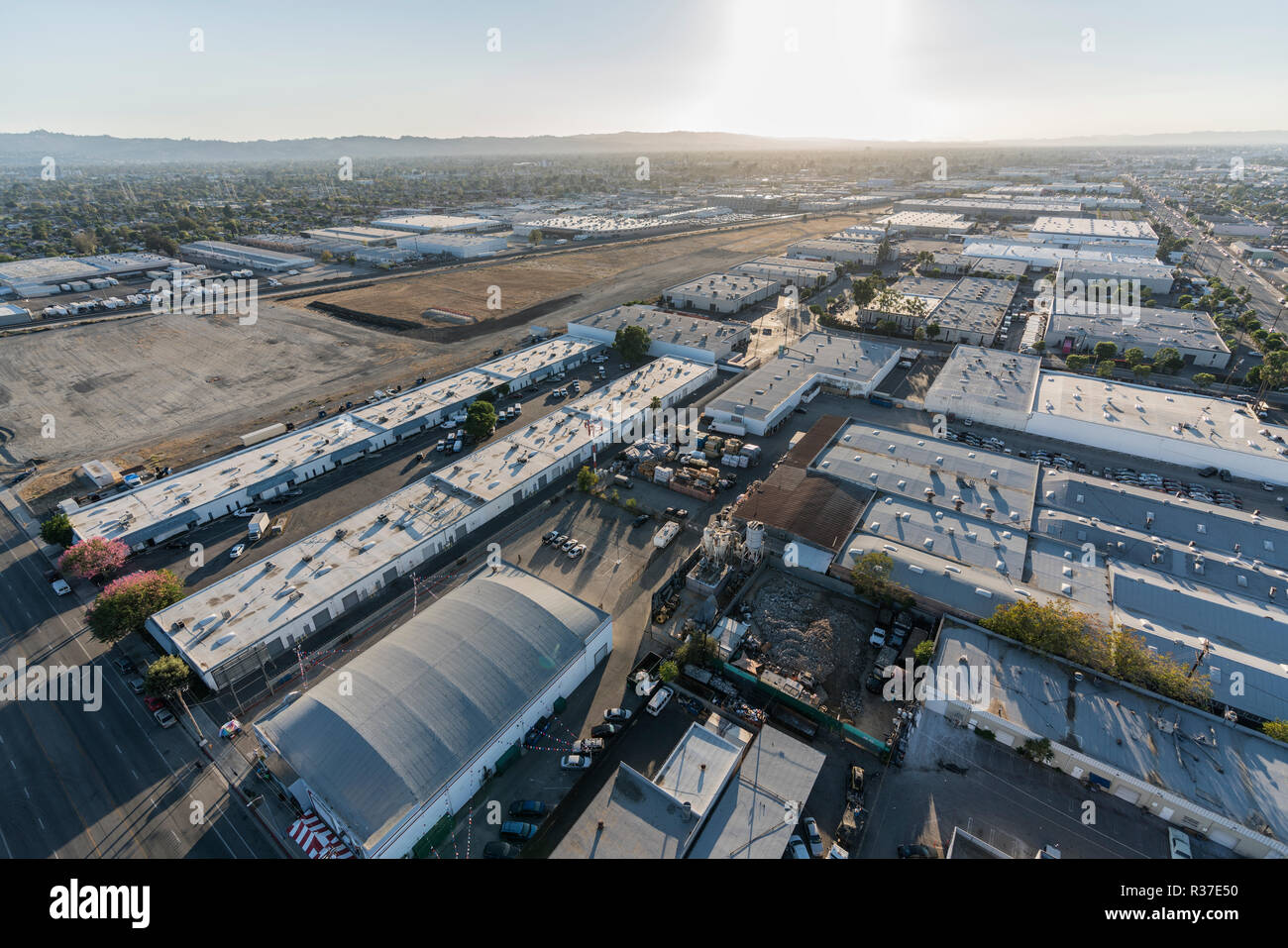 Late afternoon aerial view of industrial buildings near Burbank airport in Southern California. Stock Photo