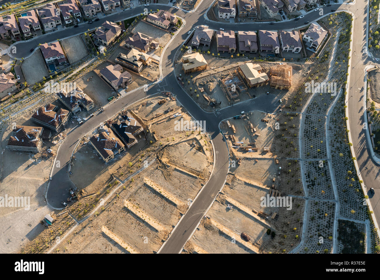 Aerial view of new streets, homes and graded lots near Los Angeles, California. Stock Photo
