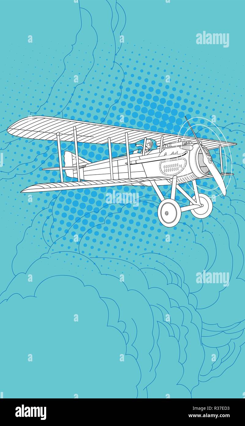 Retro pilot and plane illustration in line art. Stock Vector