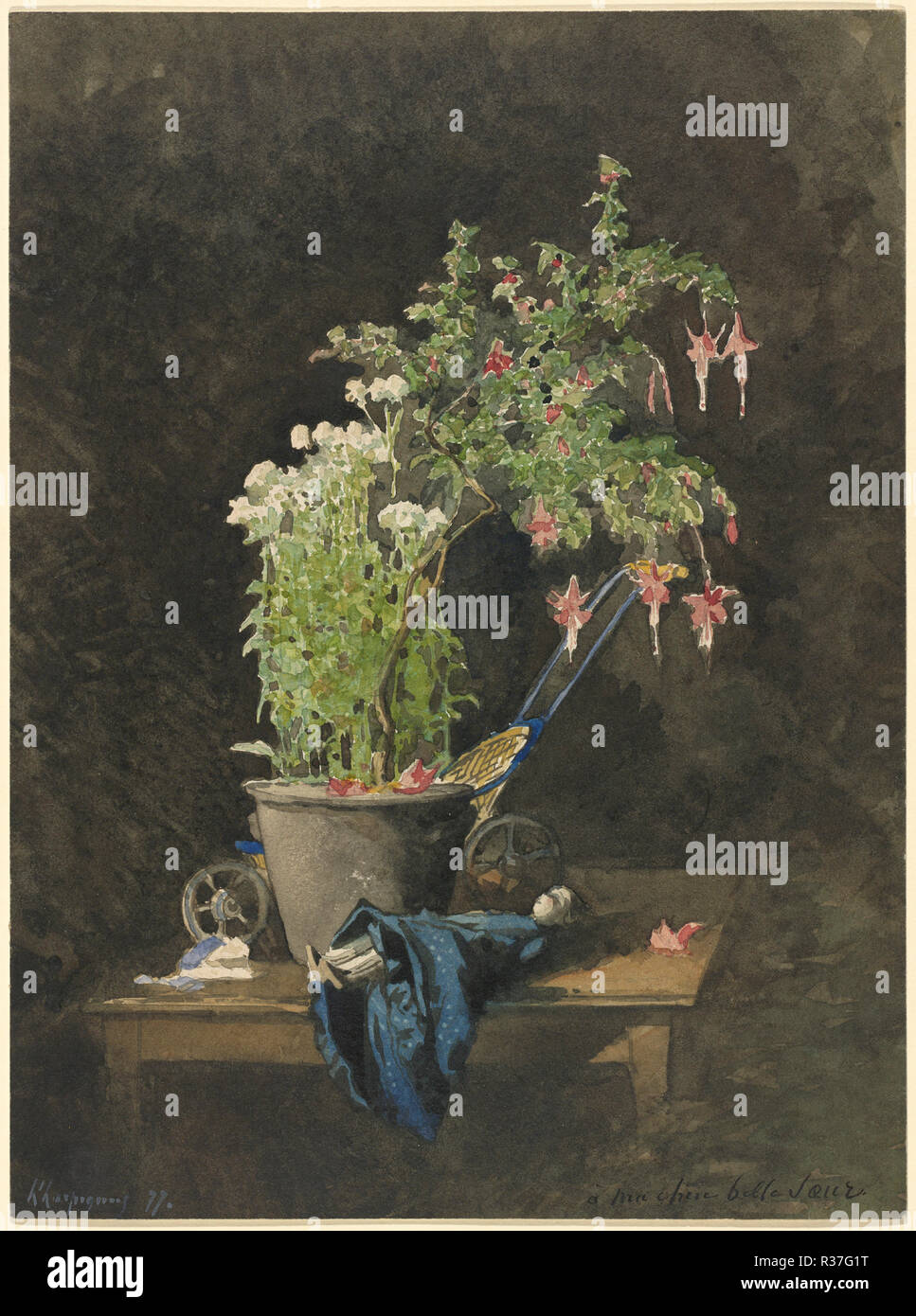A Potted Fuchsia with Children's Toys. Dated: 1877. Dimensions: overall: 34 x 25 cm (13 3/8 x 9 13/16 in.). Medium: watercolor. Museum: National Gallery of Art, Washington DC. Author: Henri-Joseph Harpignies. Stock Photo