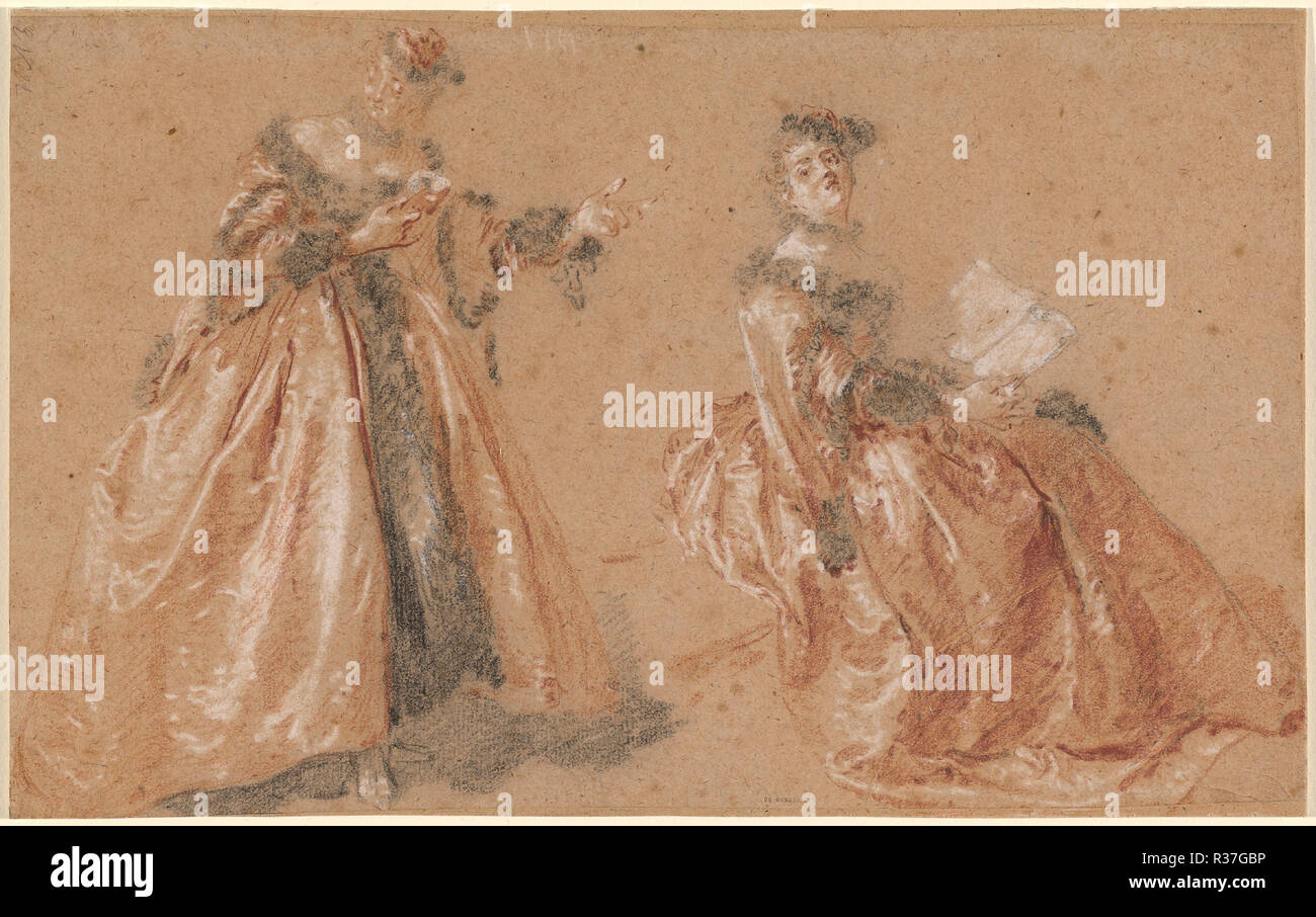 Two Elegant Women in Polish Dress. Dated: c. 1723. Dimensions: overall: 18.2 x 29.5 cm (7 3/16 x 11 5/8 in.). Medium: red, black, and white chalk on light brown paper. Museum: National Gallery of Art, Washington DC. Author: Nicolas Lancret. Stock Photo