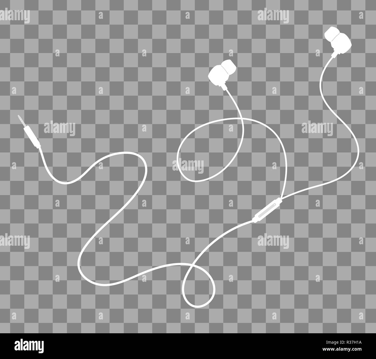 Vector earphones with connector and switch controller. Isolated object on transparent background. Flat lay design Stock Vector