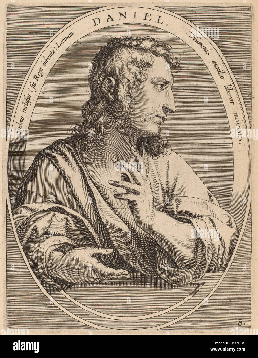 Daniel. Dated: published 1613. Dimensions: plate: 17.9 x 13.6 cm (7 1/16 x 5 3/8 in.)  sheet: 24.3 x 19 cm (9 9/16 x 7 1/2 in.). Medium: engraving on laid paper. Museum: National Gallery of Art, Washington DC. Author: Theodor Galle after Jan van der Straet. Stock Photo