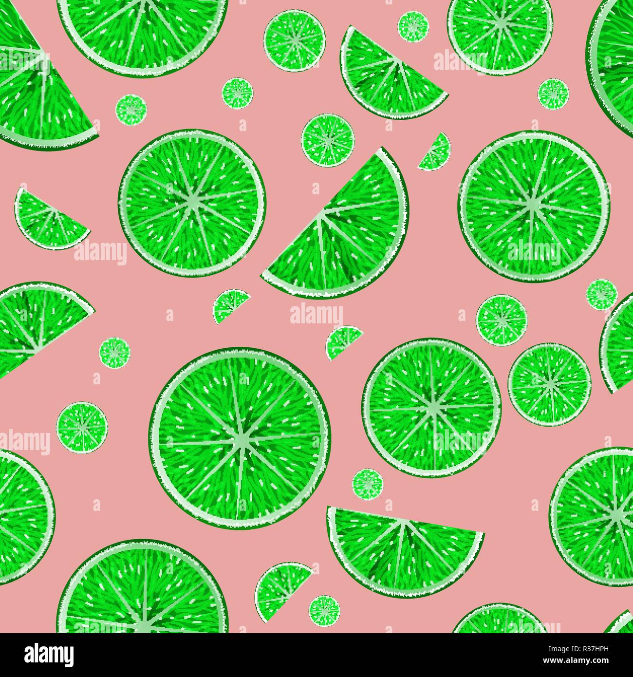 Seamless vector pattern with realistic sliced limes on pink background Stock Vector
