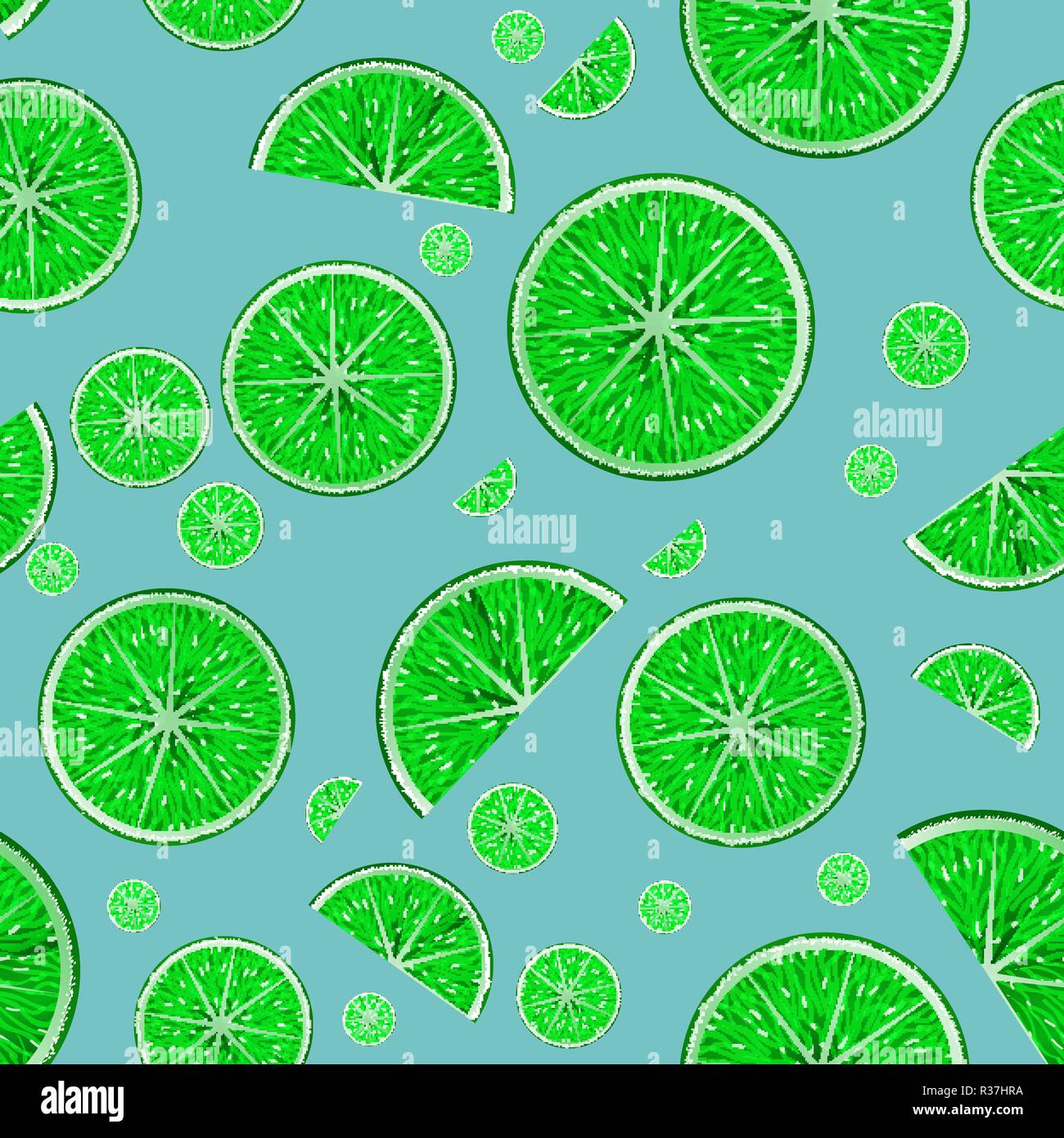 Seamless vector pattern with realistic sliced limes on blue background Stock Vector
