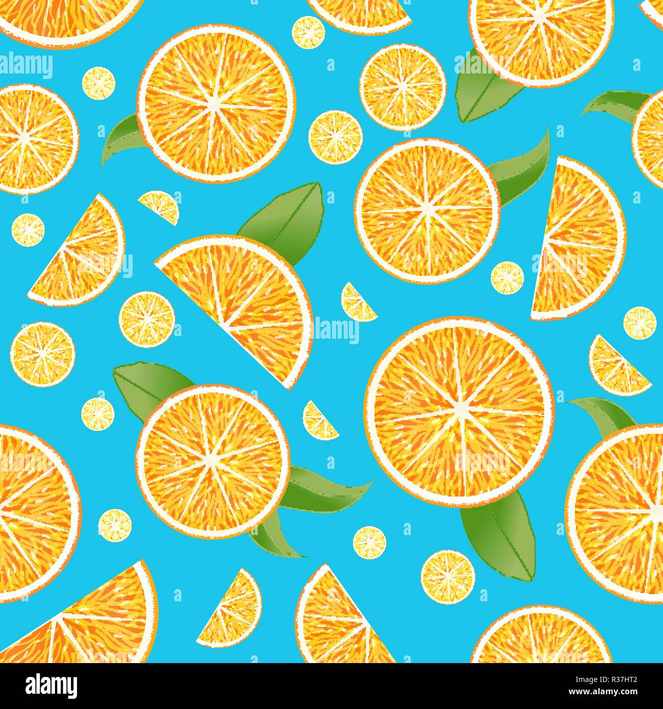 Seamless vector pattern with realistic oranges and leaves on blue background Stock Vector