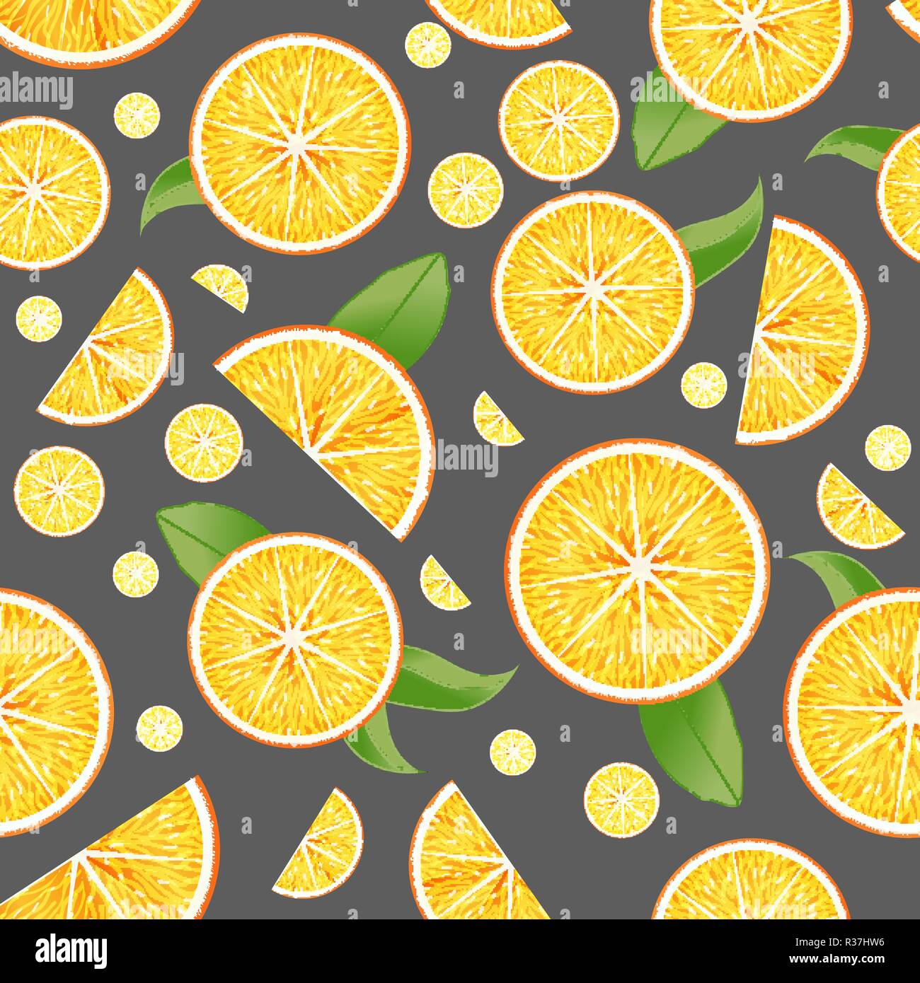 Seamless vector pattern with realistic oranges and leaves on dark grey background Stock Vector