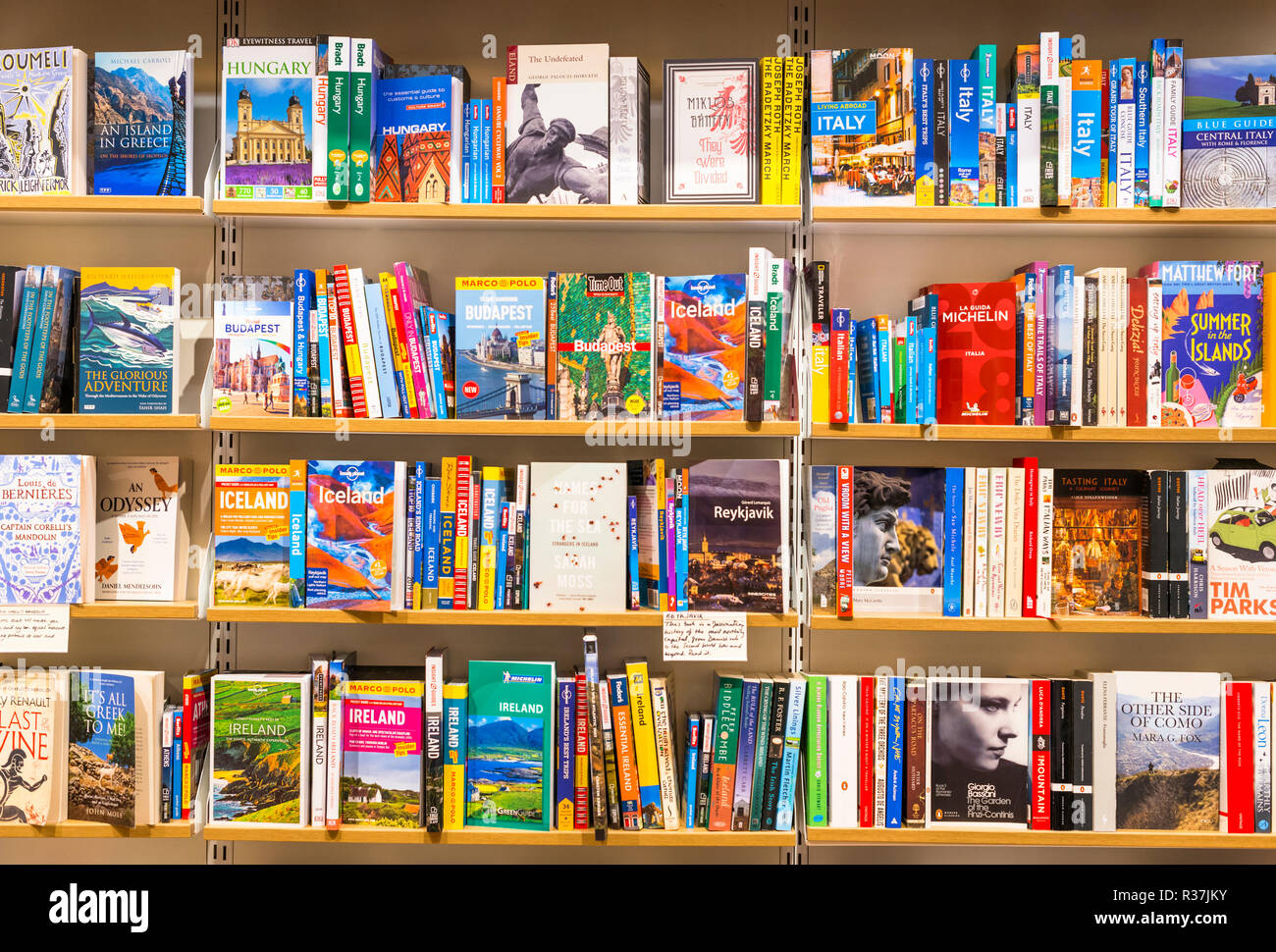 Travel guide book on sales on shelves of local in Cambridge