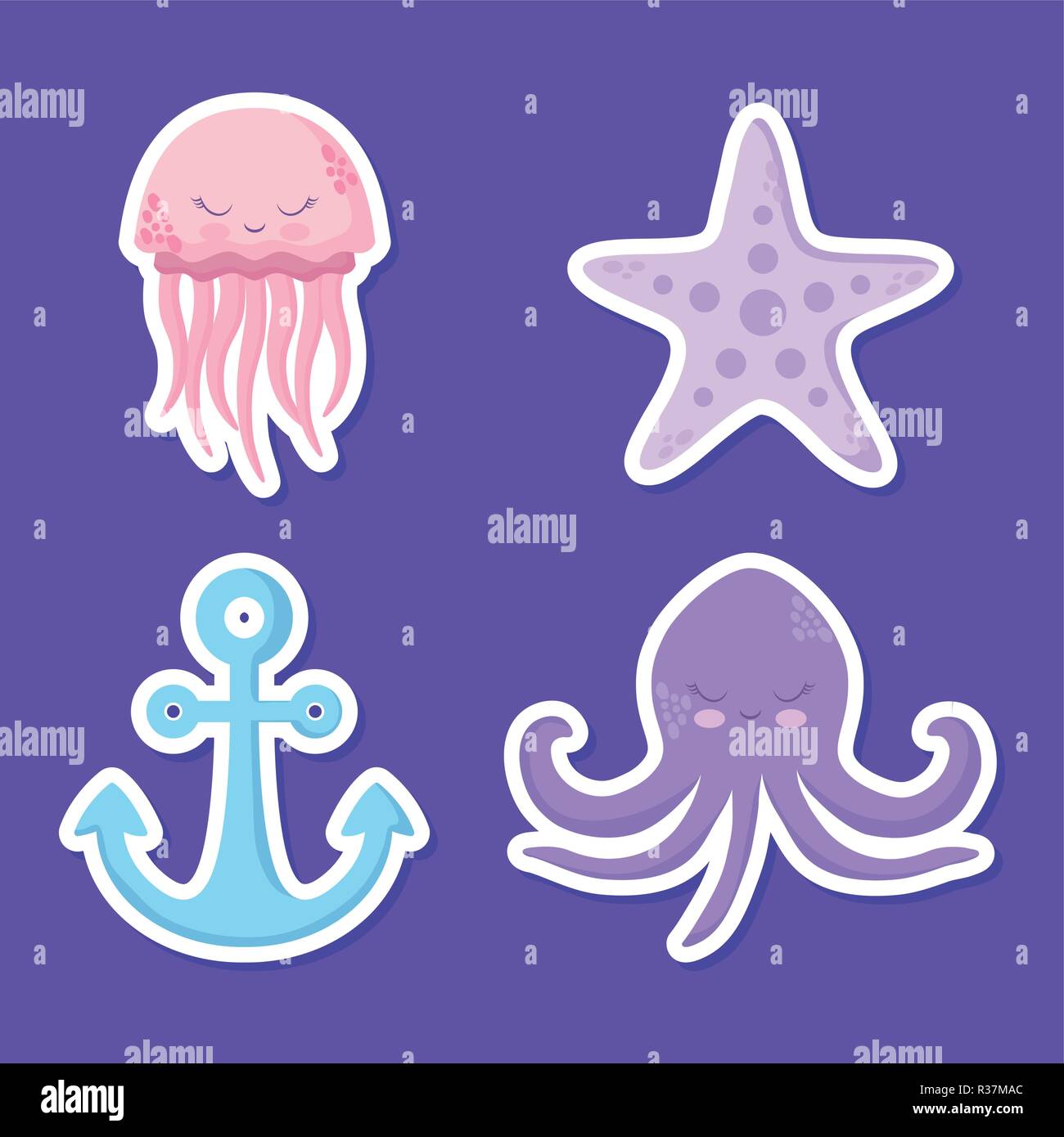 cute octopuses with starfish and anchor vector illustration design Stock Vector