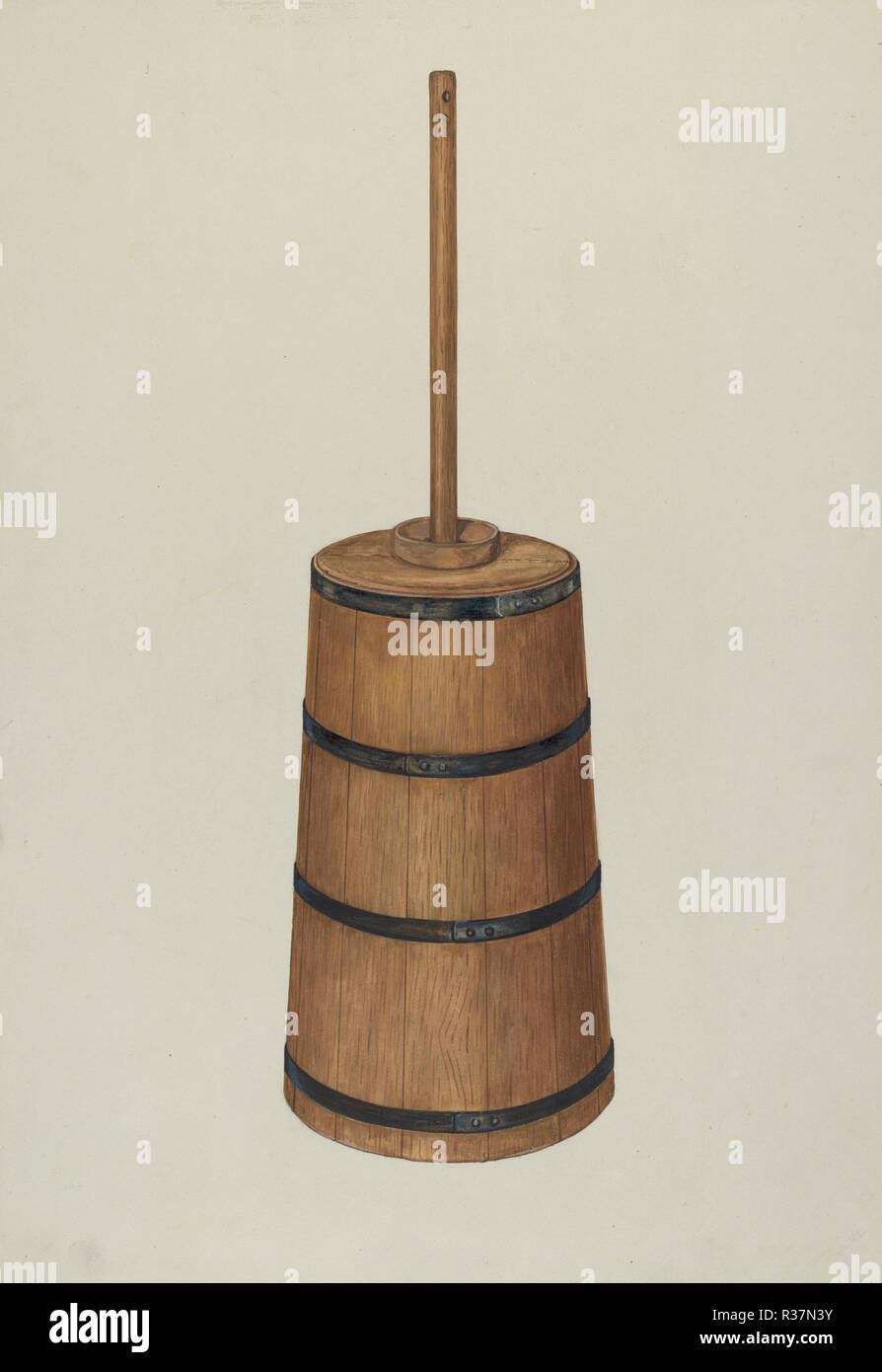 Handmade Churn. Dated: c. 1937. Dimensions: overall: 44.9 x 31 cm (17 11/16 x 12 3/16 in.)  Original IAD Object: top: 10' in diameter; bottom: 14' in diameter; 22' high; dash: 39 3/4' long. Medium: watercolor, graphite, and pen and ink on paperboard. Museum: National Gallery of Art, Washington DC. Author: Rex F. Bush. Stock Photo