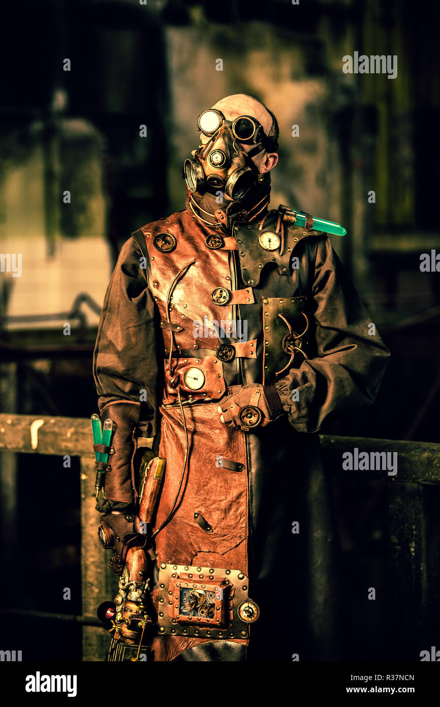 Steampunk man stands guard Stock Photo