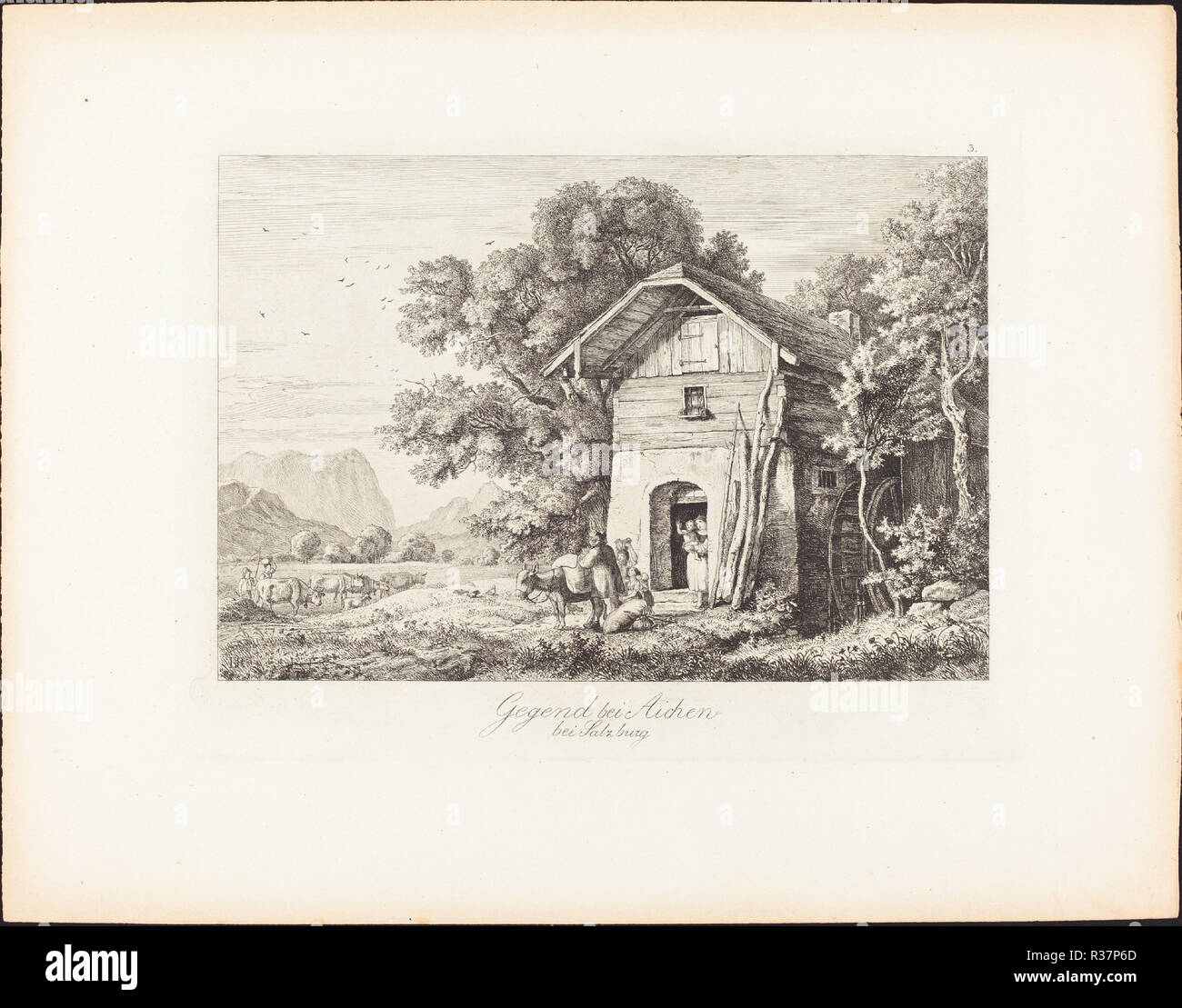 Gegend bei Aichen bei Salzburg (The Region near Aichen near Salzburg). Dated: 1830. Dimensions: plate: 15.8 x 20.7 cm (6 1/4 x 8 1/8 in.)  sheet: 22.5 x 28.8 cm (8 7/8 x 11 5/16 in.). Medium: etching on wove paper. Museum: National Gallery of Art, Washington DC. Author: Ludwig Richter. Stock Photo