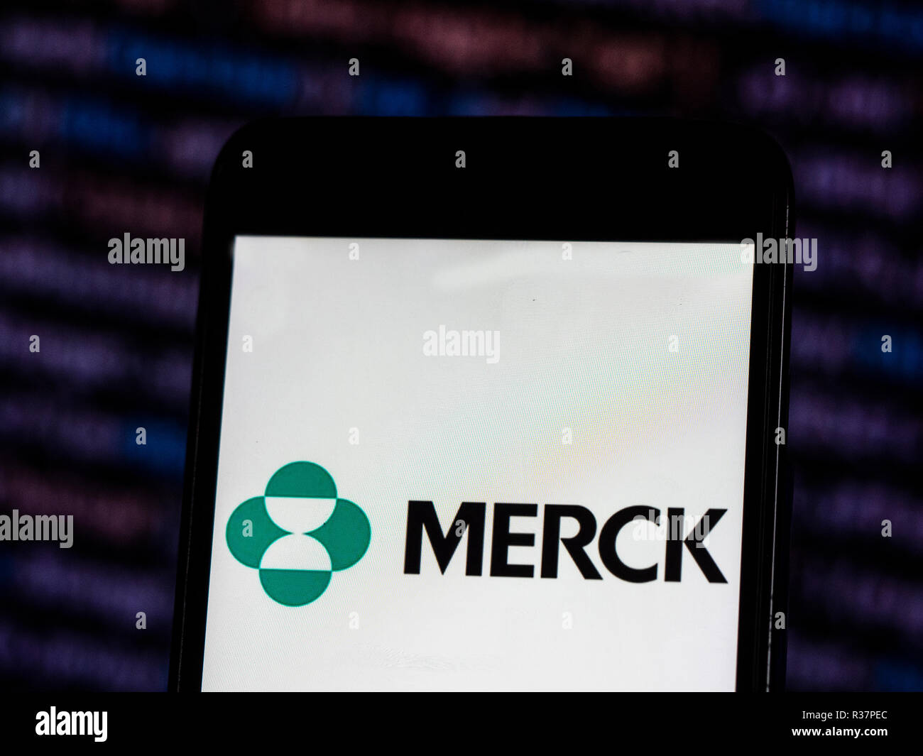 Merck & Co. Pharmaceutical company logo seen displayed on smart phone. Merck & Company, Inc., d.b.a. Merck Sharp & Dohme outside the United States and Canada, is an American pharmaceutical company and one of the largest pharmaceutical companies in the world. Stock Photo