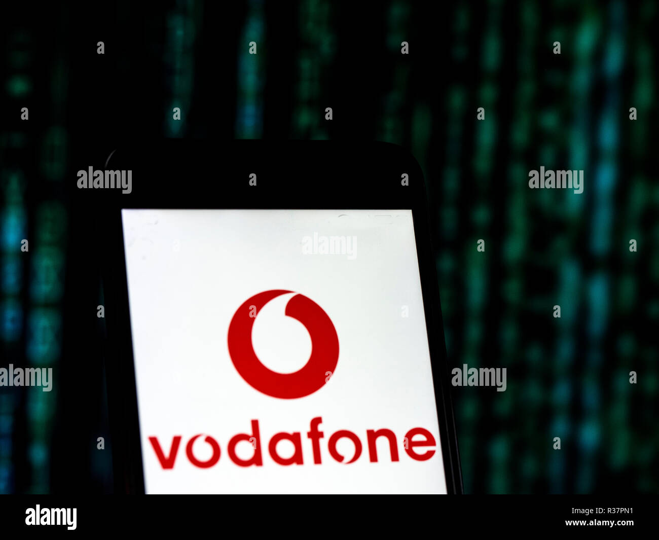 Vodafone Telecommunications company logo seen displayed on smart phone