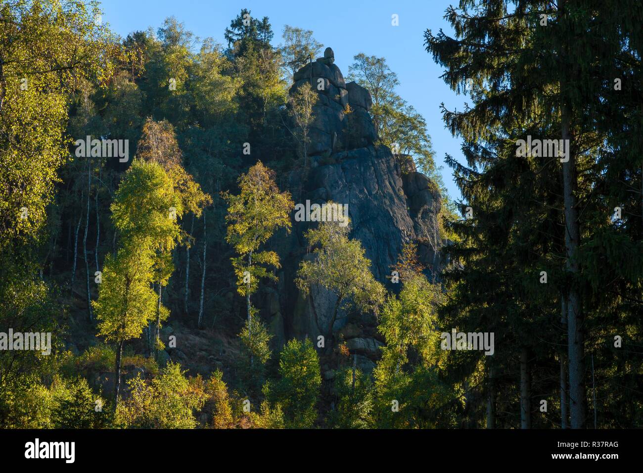 Rock formation in a valley with coloured trees in the Harz Mountains in Germany Stock Photo