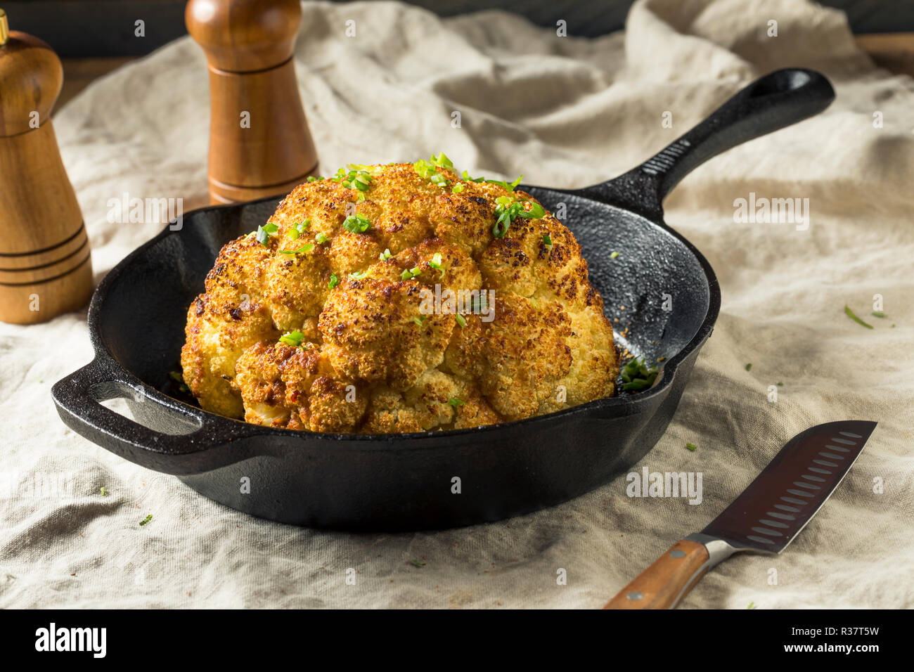 Homemade Whole Roasted Cauliflower in a Skillet Stock Photo Alamy