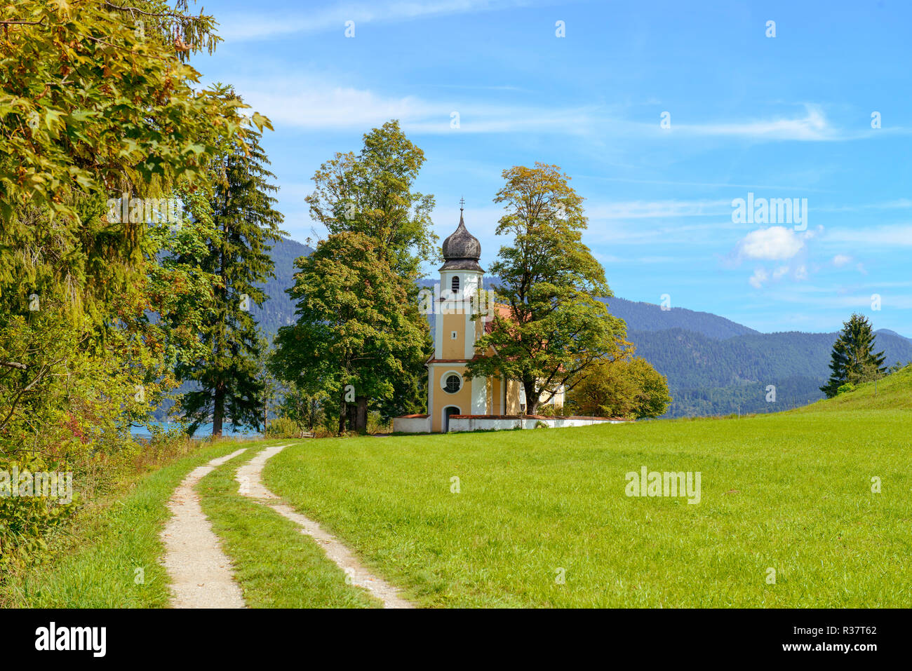 Chapel of St. Margareth, Peninsula Zwergern, Walchensee, Upper Bavaria, Bavaria, Germany Stock Photo