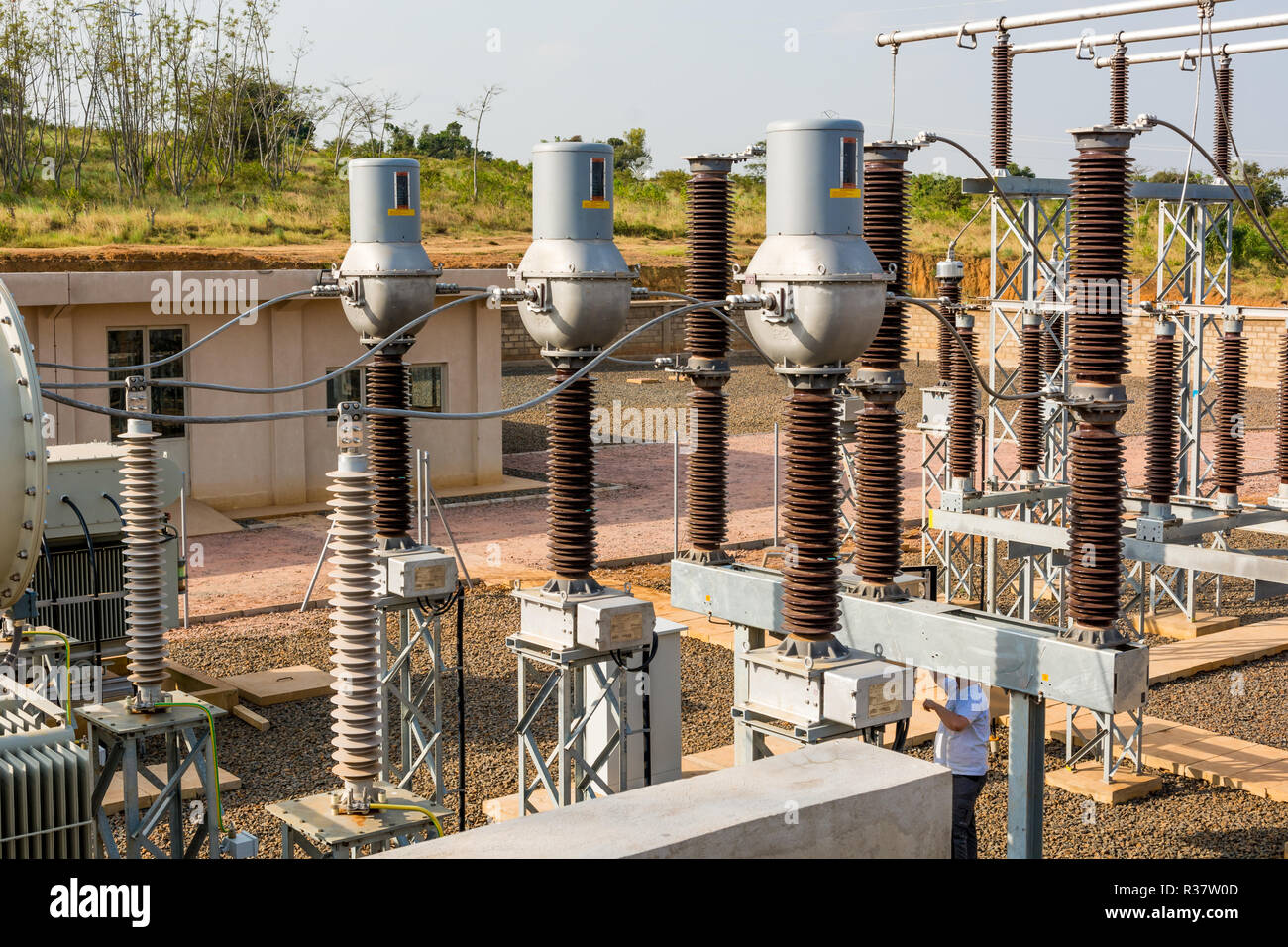 High voltage transformer modern substation electrical switchyard Stock