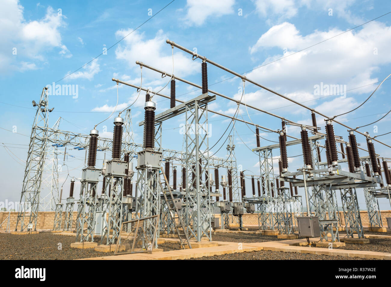 High voltage transformer modern substation electrical switchyard Stock