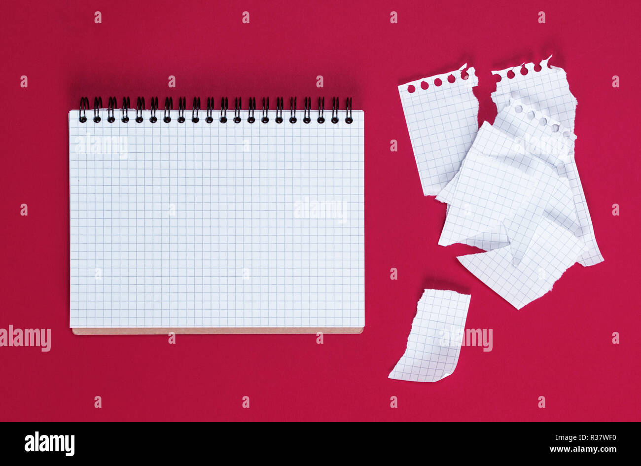open notebook in a cell and a torn sheet on a red background, empty space Stock Photo