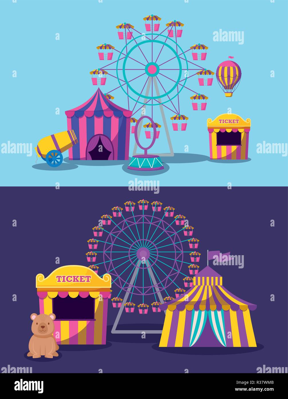 amusement park with tents circus and icons vector illustration design ...