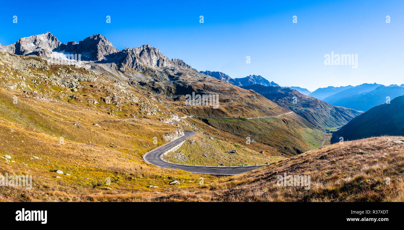 Aerial view, winding pass road Furka Pass, Canton Uri, Switzerland Stock Photo