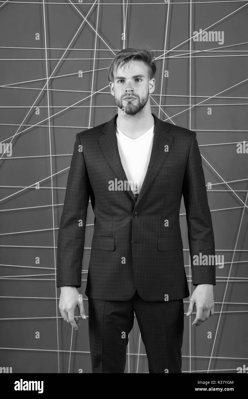 Man or businessman wear classic dark blue suit. Menswear and stylish