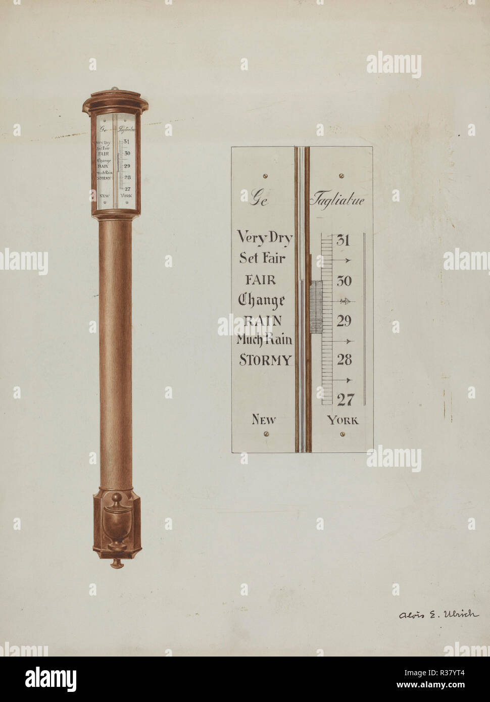 Shaker Barometer. Dated: c. 1937. Dimensions: overall: 35.4 x 27 cm (13 15/16 x 10 5/8 in.)  Original IAD Object: 40 1/2" high; 4 1/8" wide. Medium: watercolor, pen and ink, and graphite on paper. Museum: National Gallery of Art, Washington DC. Author: Alois E. Ulrich. Stock Photo