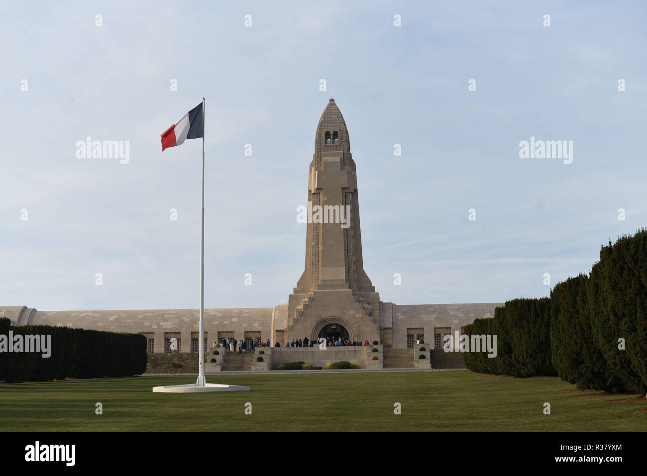 October 20, 2018 - Douaumont, France: The war cemetery monument of Douaumont, which hosts the remains of 130 000 soldiers, both French and German, who took part in the First World War. There are 15 000 crosses outside the monument with the names of French soldiers who died in the vicinity. La necropole et l'ossuaire de Douaumont, un monument imposant a la memoire des soldats ayant participe a la bataille de Verdun durant la Premiere Guerre mondiale. *** FRANCE OUT / NO SALES TO FRENCH MEDIA *** Stock Photo