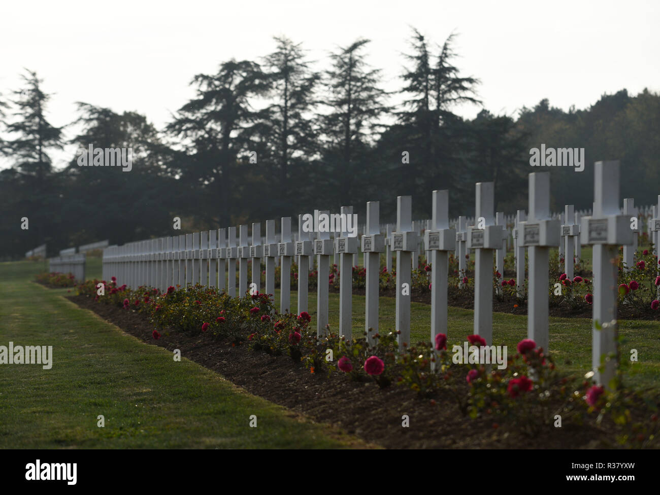 October 20, 2018 - Douaumont, France: The war cemetery monument of Douaumont, which hosts the remains of 130 000 soldiers, both French and German, who took part in the First World War. There are 15 000 crosses outside the monument with the names of French soldiers who died in the vicinity. La necropole et l'ossuaire de Douaumont, un monument imposant a la memoire des soldats ayant participe a la bataille de Verdun durant la Premiere Guerre mondiale. *** FRANCE OUT / NO SALES TO FRENCH MEDIA *** Stock Photo