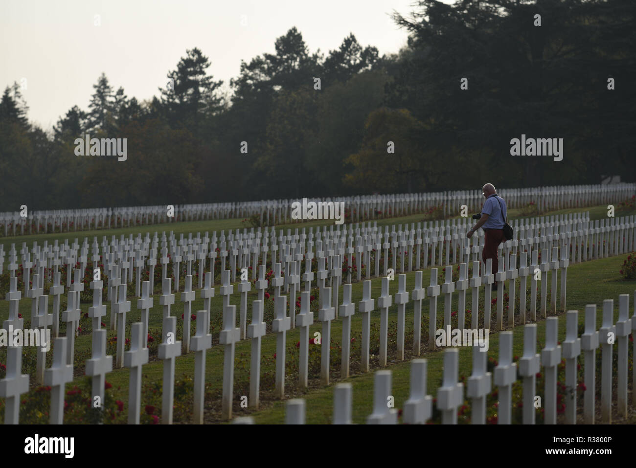 October 20, 2018 - Douaumont, France: The war cemetery monument of Douaumont, which hosts the remains of 130 000 soldiers, both French and German, who took part in the First World War. There are 15 000 crosses outside the monument with the names of French soldiers who died in the vicinity. La necropole et l'ossuaire de Douaumont, un monument imposant a la memoire des soldats ayant participe a la bataille de Verdun durant la Premiere Guerre mondiale. *** FRANCE OUT / NO SALES TO FRENCH MEDIA *** Stock Photo
