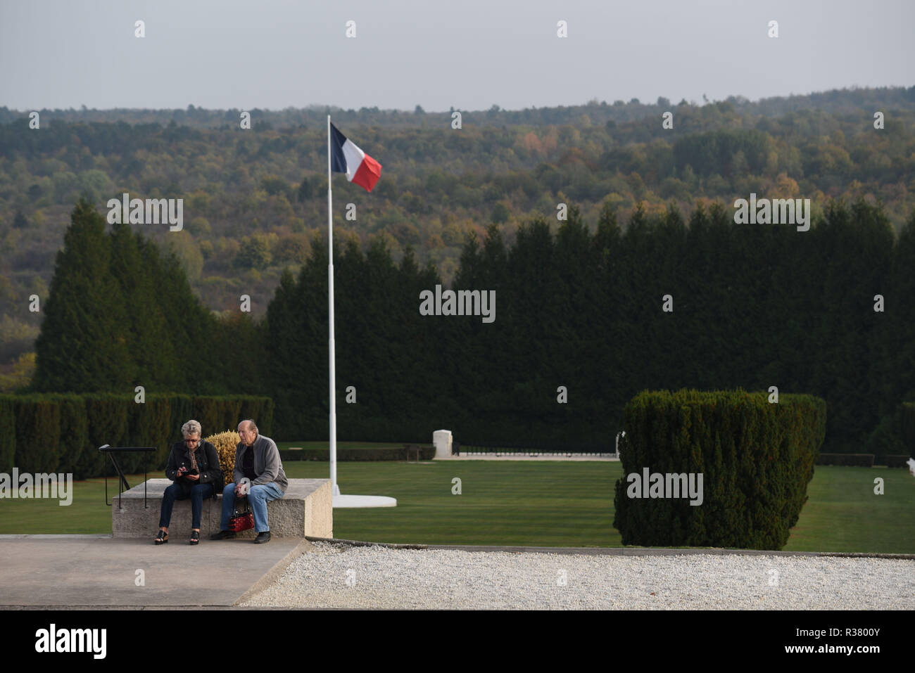 October 20, 2018 - Douaumont, France: The war cemetery monument of Douaumont, which hosts the remains of 130 000 soldiers, both French and German, who took part in the First World War. There are 15 000 crosses outside the monument with the names of French soldiers who died in the vicinity. La necropole et l'ossuaire de Douaumont, un monument imposant a la memoire des soldats ayant participe a la bataille de Verdun durant la Premiere Guerre mondiale. *** FRANCE OUT / NO SALES TO FRENCH MEDIA *** Stock Photo