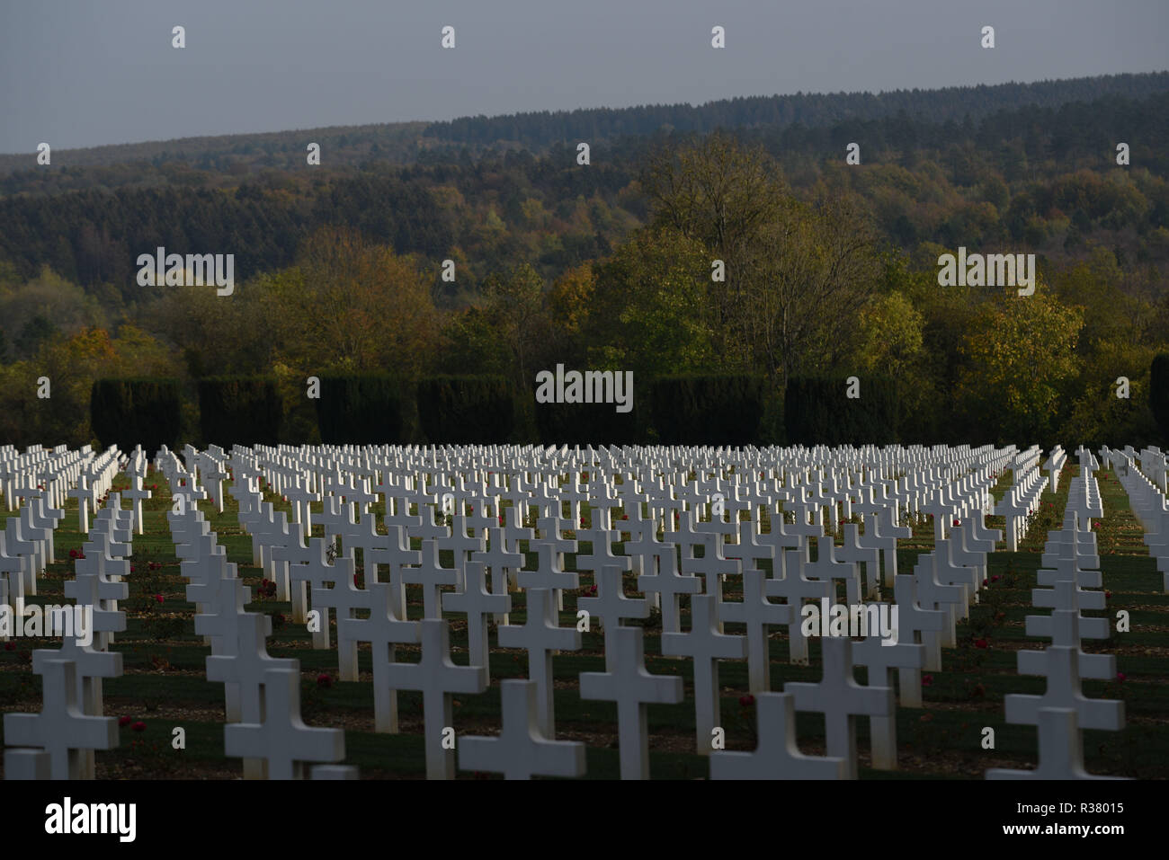 October 20, 2018 - Douaumont, France: The war cemetery monument of Douaumont, which hosts the remains of 130 000 soldiers, both French and German, who took part in the First World War. There are 15 000 crosses outside the monument with the names of French soldiers who died in the vicinity. La necropole et l'ossuaire de Douaumont, un monument imposant a la memoire des soldats ayant participe a la bataille de Verdun durant la Premiere Guerre mondiale. *** FRANCE OUT / NO SALES TO FRENCH MEDIA *** Stock Photo