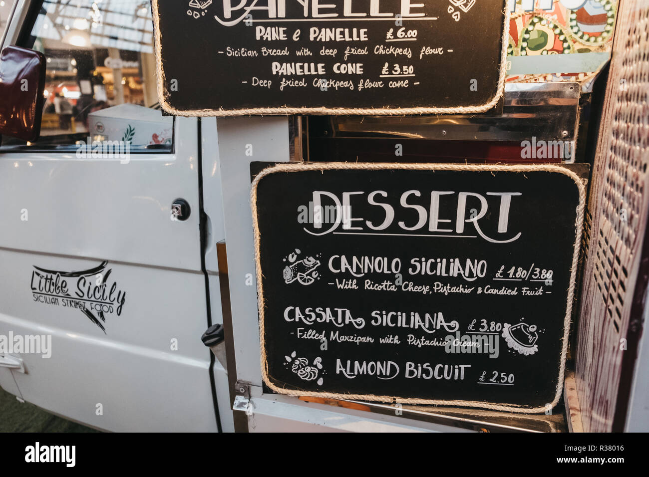 London,UK - November 2,2018: Dessert menu at Little Sicily stand in Mercato Metropolitano, the first sustainable community market in London focused on Stock Photo