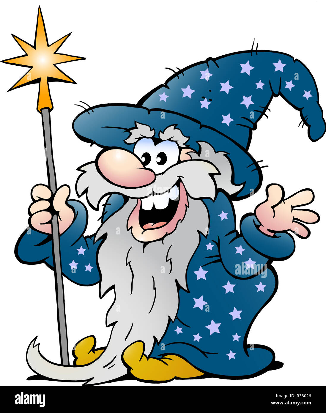 Vector Cartoon illustration of a Happy Old Wizard Magic Man Stock Photo