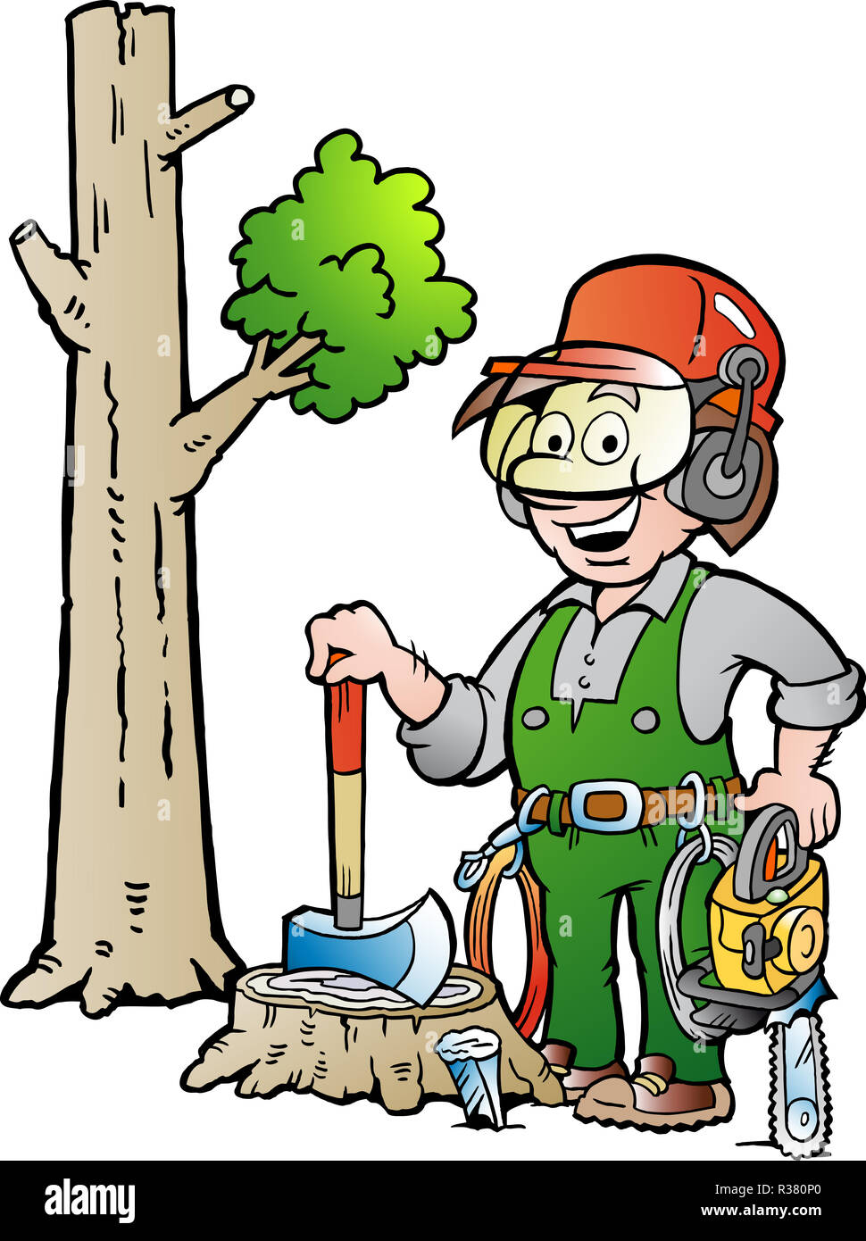Vector Cartoon illustration of a Happy Working Lumberjack or Woodcutter Stock Photo