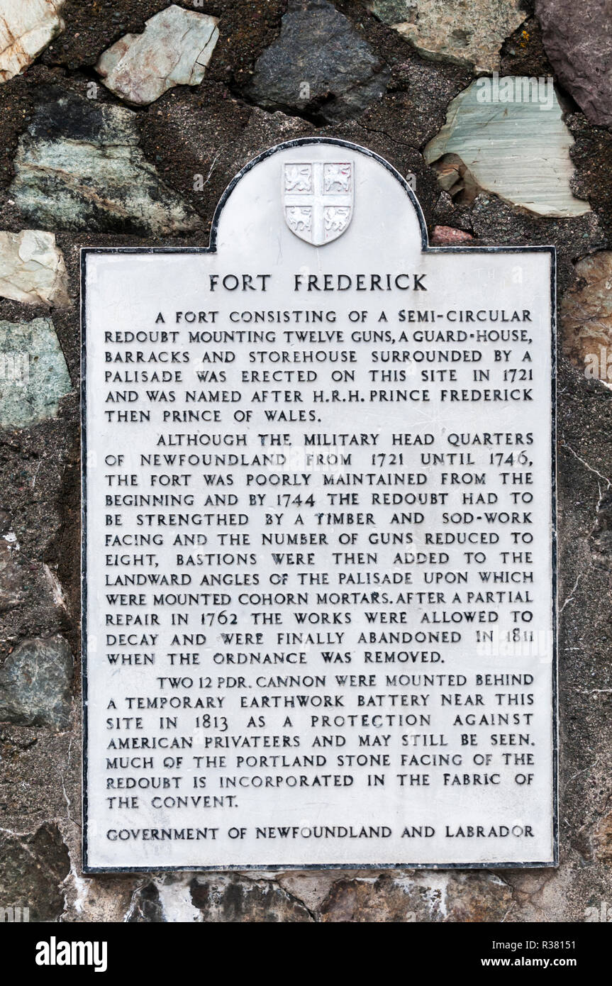 A sign explains the history of Fort Frederick at Placentia, Newfoundland. Stock Photo