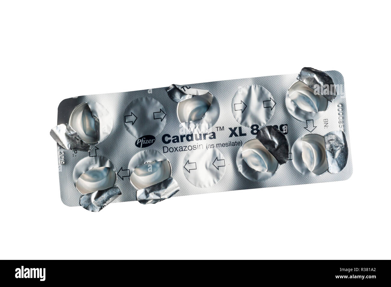 An empty used 7-day blister pack packet of Cardura Doxazosin tablets used to control high blood pressure or hypertension. Stock Photo