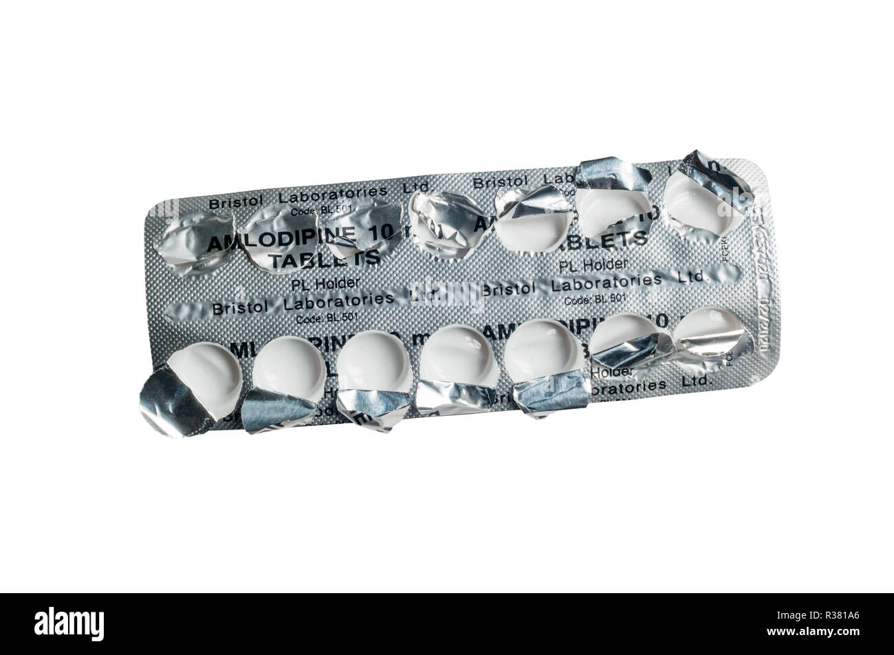 An empty used 14-day blister pack packet of Amlodipine tablets used to control high blood pressure or hypertension. Stock Photo
