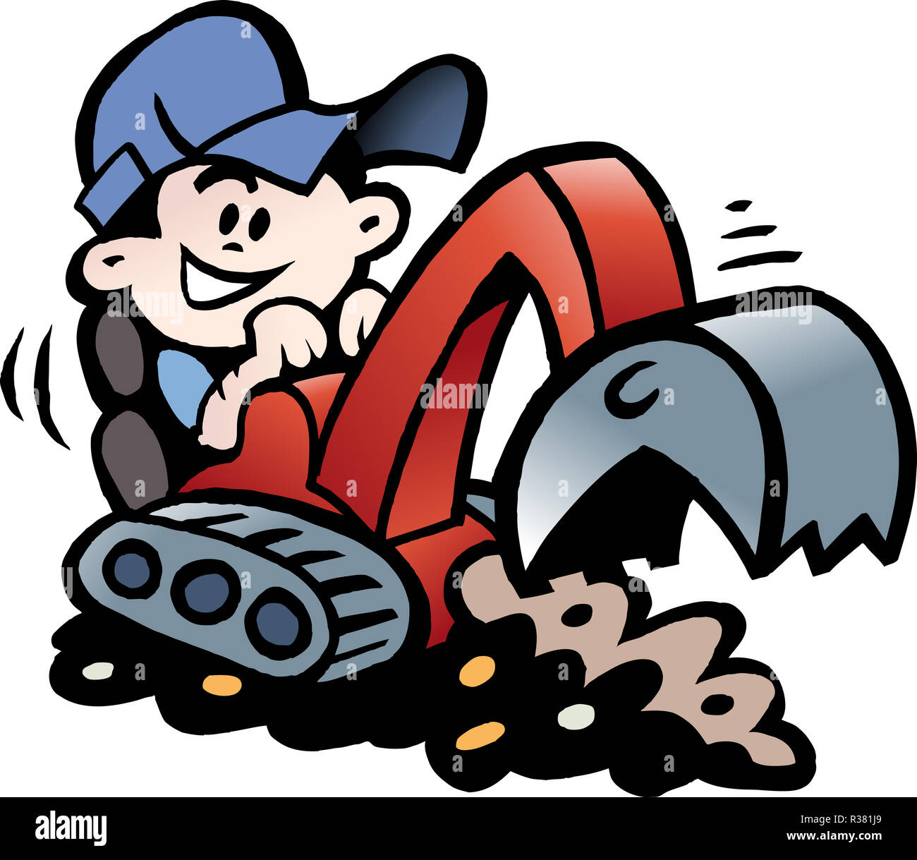 Cartoon Vector illustration of a Handyman threre working with his mini excavator Stock Photo