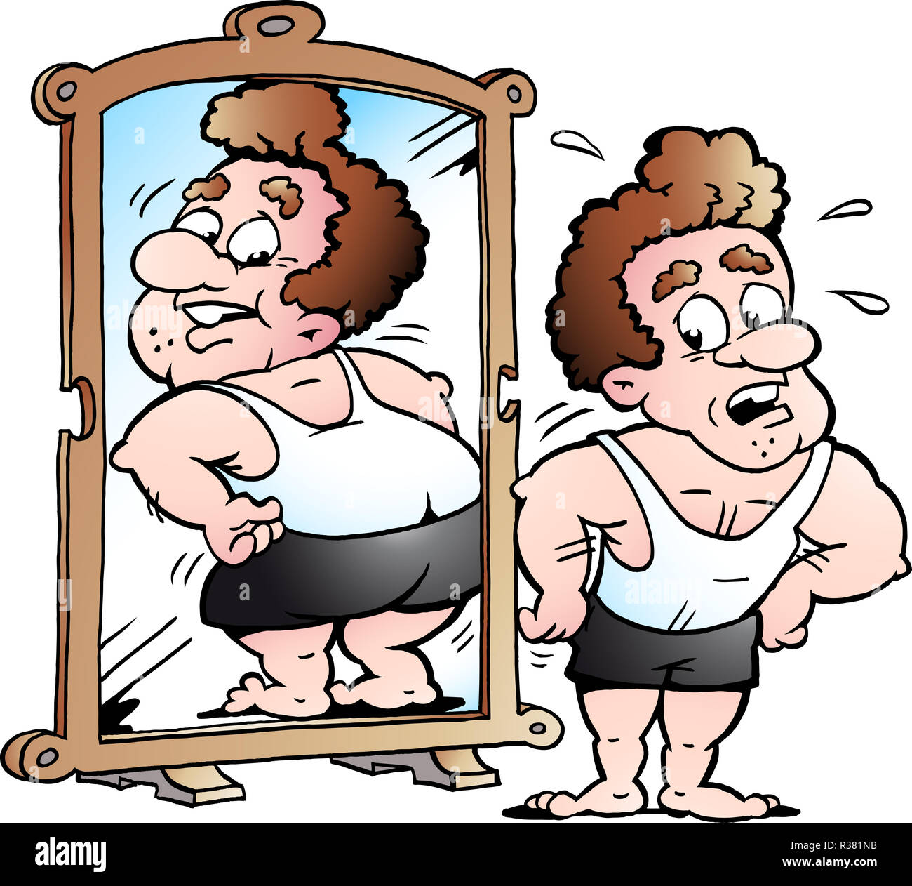 Cartoon Vector illustration of a fit Man as he thinks he looks fat Stock  Photo - Alamy