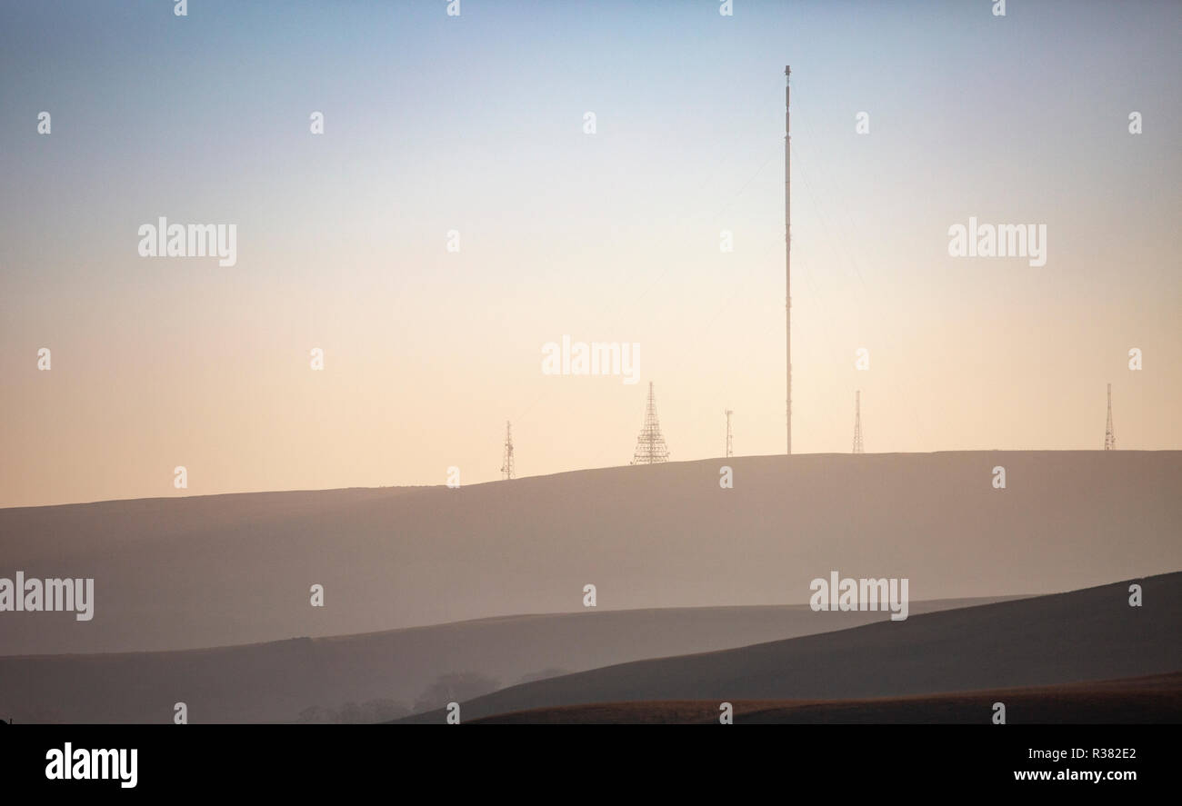 Telecommunications masts on Winter Hill, West Pennine Moors. Stock Photo