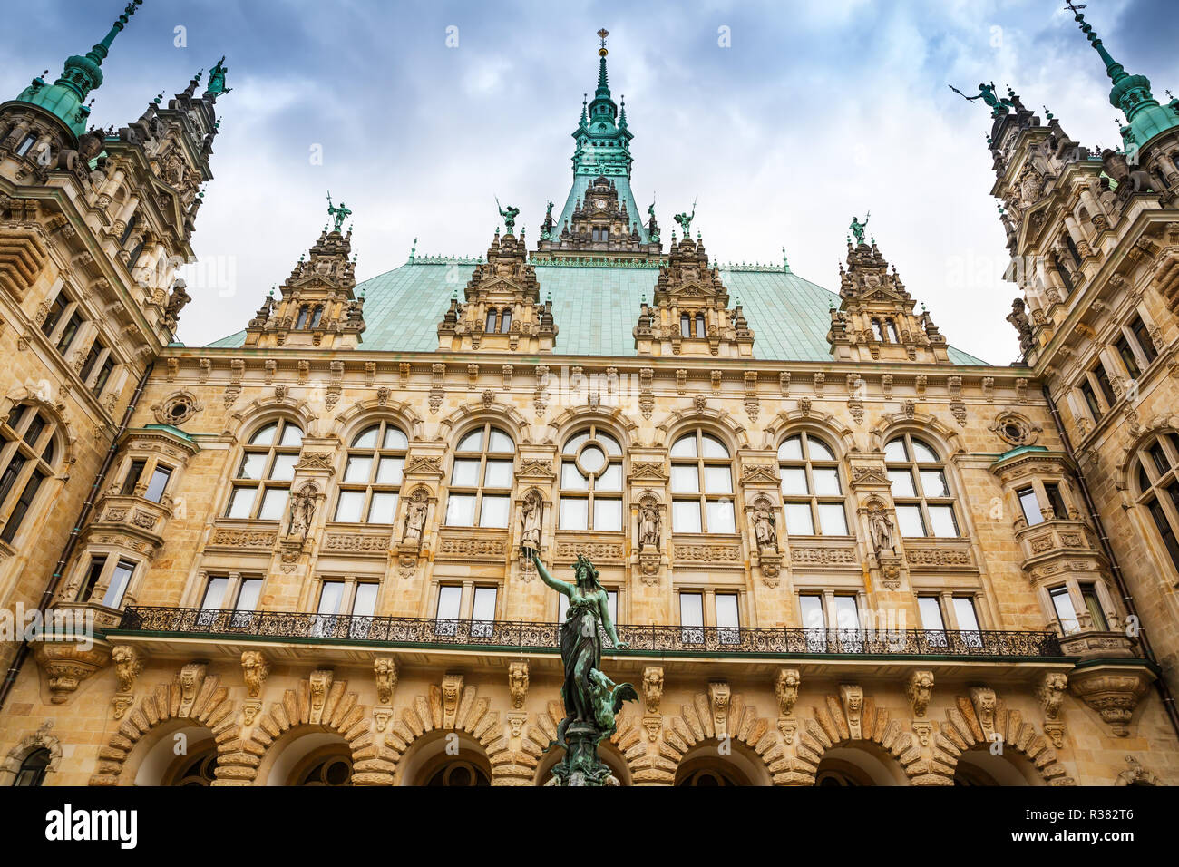 The statue of Hygieia the goddess of health and hygiene n the courtyard of Hamburg City Hall (Rathaus), Germany. Stock Photo