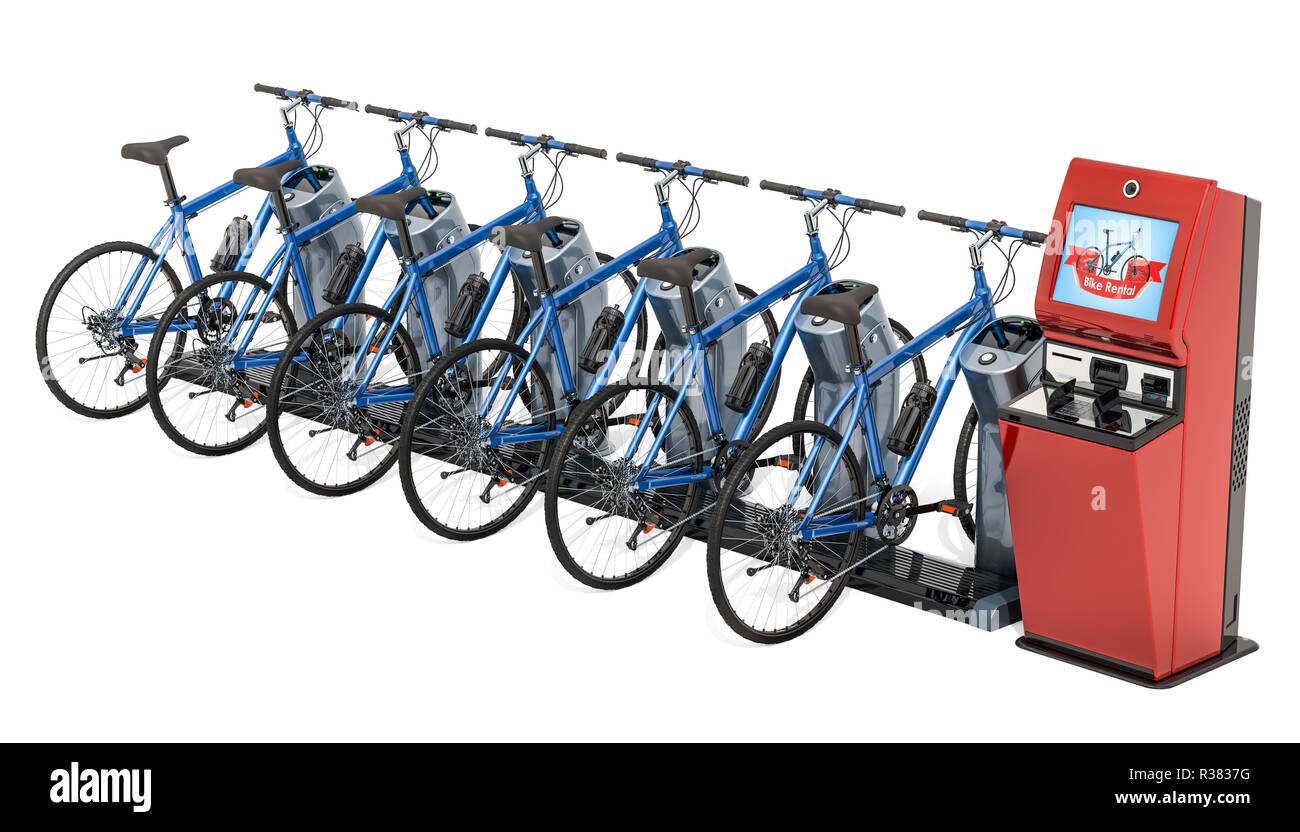 Bicycles with bike station. Bicycle rental concept, 3D rendering Stock  Photo - Alamy